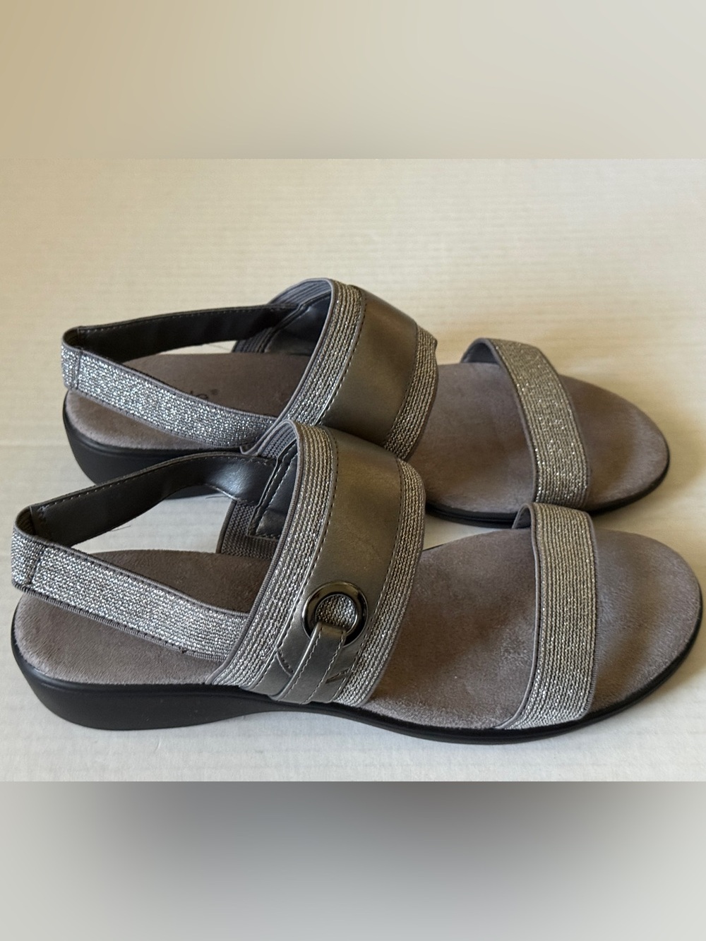 Nicole Silver Gray Wedge Sandals Metallic Dual + Elastic Straps Women's Size 9M